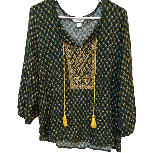 CJ Banks Plus Size Embroidered Boho Blouse Green Rayon OX (XL/1X) - Picture 1 of 9